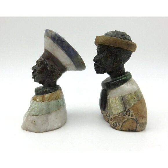 Small Stone Bust Set Colourful Hand Carved in Zimbabwe Africa 3.5" and 3.1" Tall - Picture 4 of 8